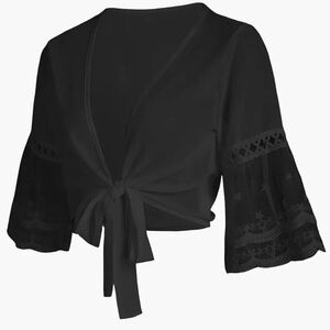 NWOT XL Knotted Flared Sleeve Blouse, Elegant Solid Open Front Blouse, Black